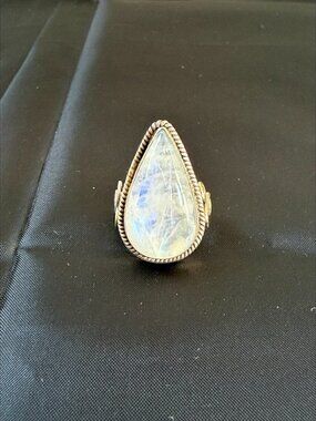 90s OOAK Moonstone Teardrop Shaped Large Sterling Silver .925 Handmade Size 5.5